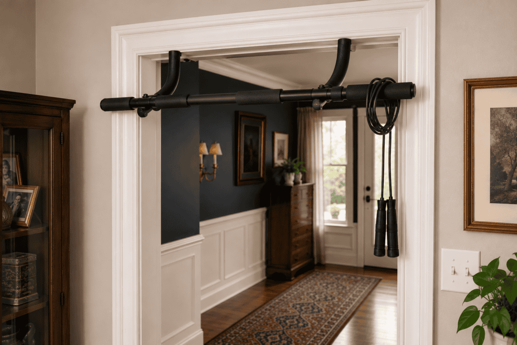 Doorway mounted pull-up bar for home gym setup under $200.