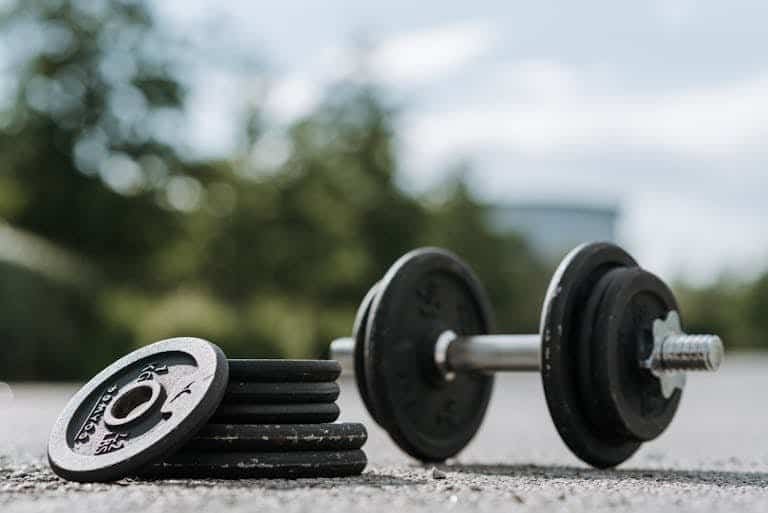 A close-up view of a dumbbell and weight plates outdoors on a sunny day.