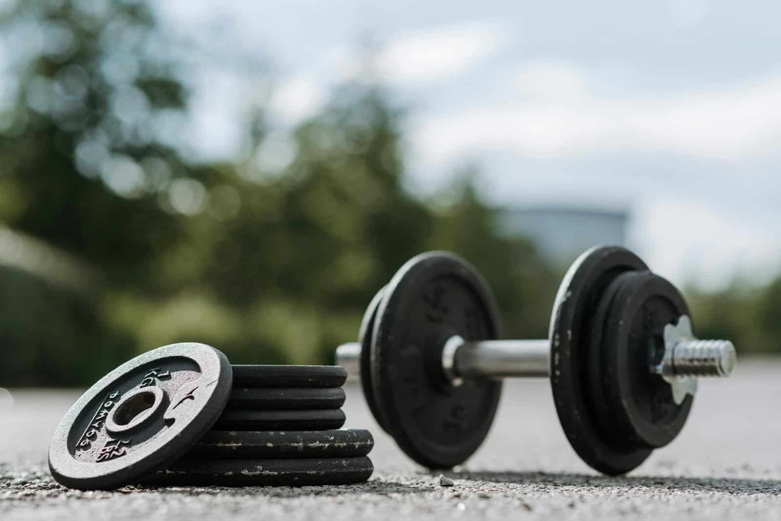 A close-up view of a dumbbell and weight plates outdoors on a sunny day.