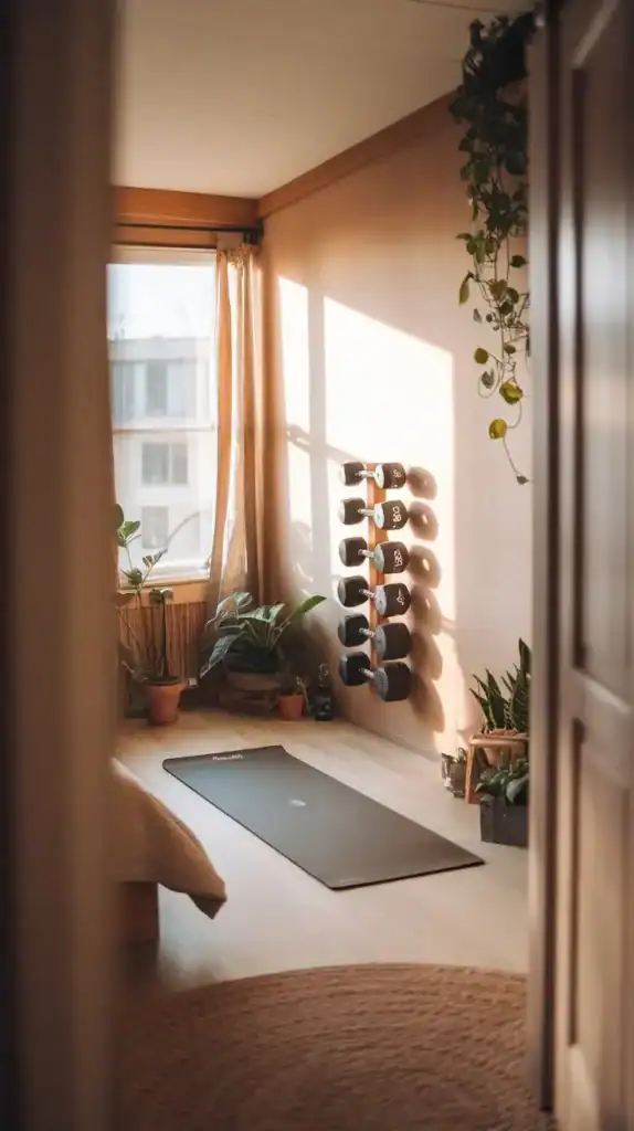 Bright bedroom corner with workout mat and wall-mounted dumbbell rack.