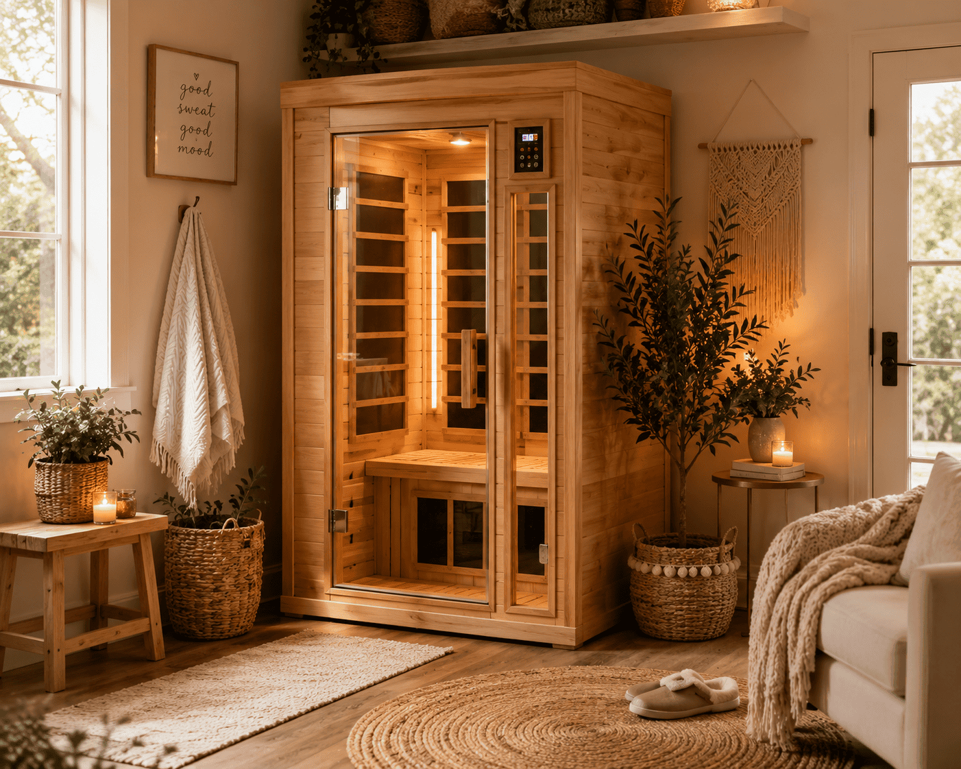 Relaxation sauna in cozy home interior with natural wood finish and ambient lighting.