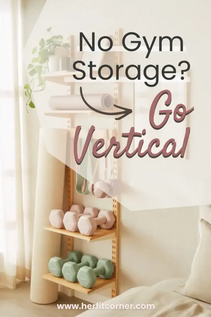 Vertical wall storage solution for a small bedroom home gym with pastel dumbbells and yoga mat