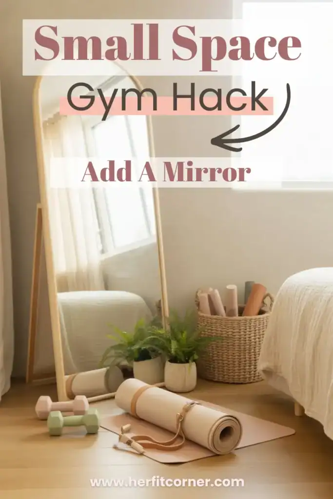 mall bedroom workout corner with tall arched mirror, yoga mat, and pastel dumbbells for home gym form checks