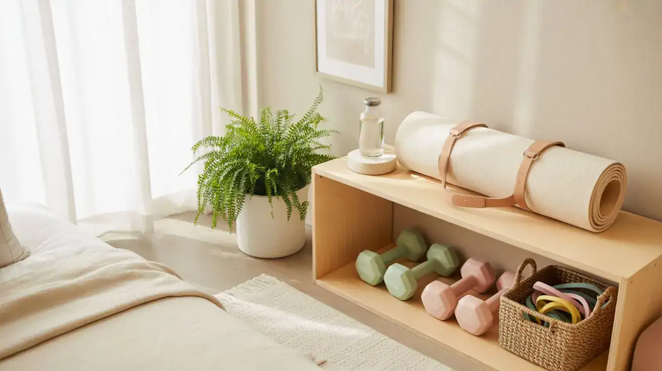 Bedroom workout corner setup with pastel dumbbells, cream yoga mat, and birch storage shelf in a sunlit bedroom