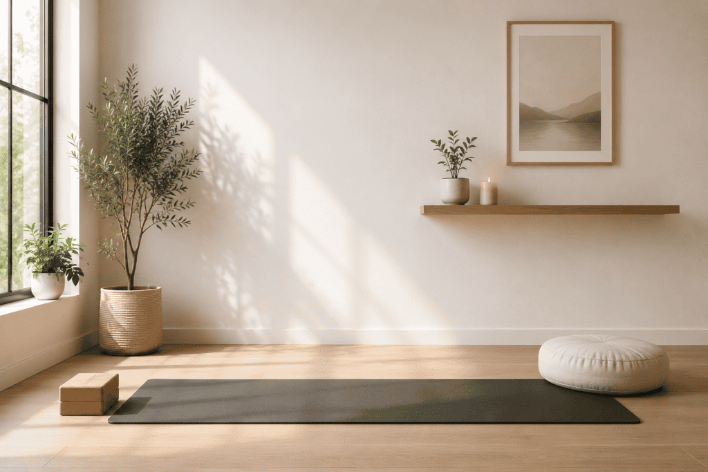 Yoga mat on wooden floor in a bright, minimalist room with plants and wall art.