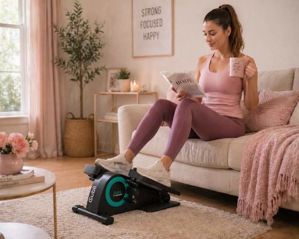 woman sitting on a couch using a compact home elliptical machine to exercise 