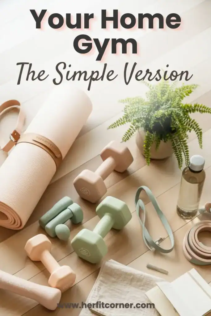 Overhead flat-lay of small bedroom home gym essentials including yoga mat, pastel dumbbells, resistance bands, and water bottle