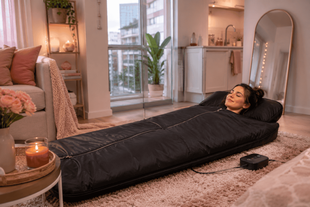 Relaxing woman lying on a black sleep sack in a cozy, modern apartment.