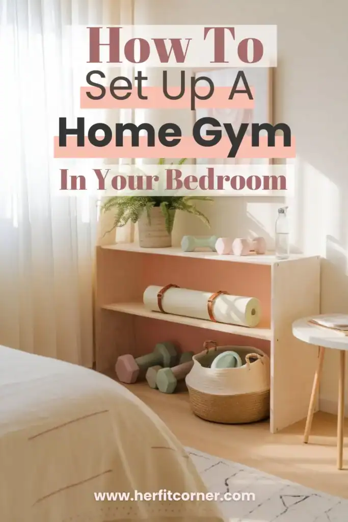 Bedroom workout corner setup with pastel dumbbells, cream yoga mat, and birch storage shelf in a sunlit bedroom