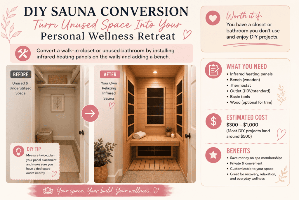 Convert unused closet into a relaxing infrared sauna with bench for wellness retreats.