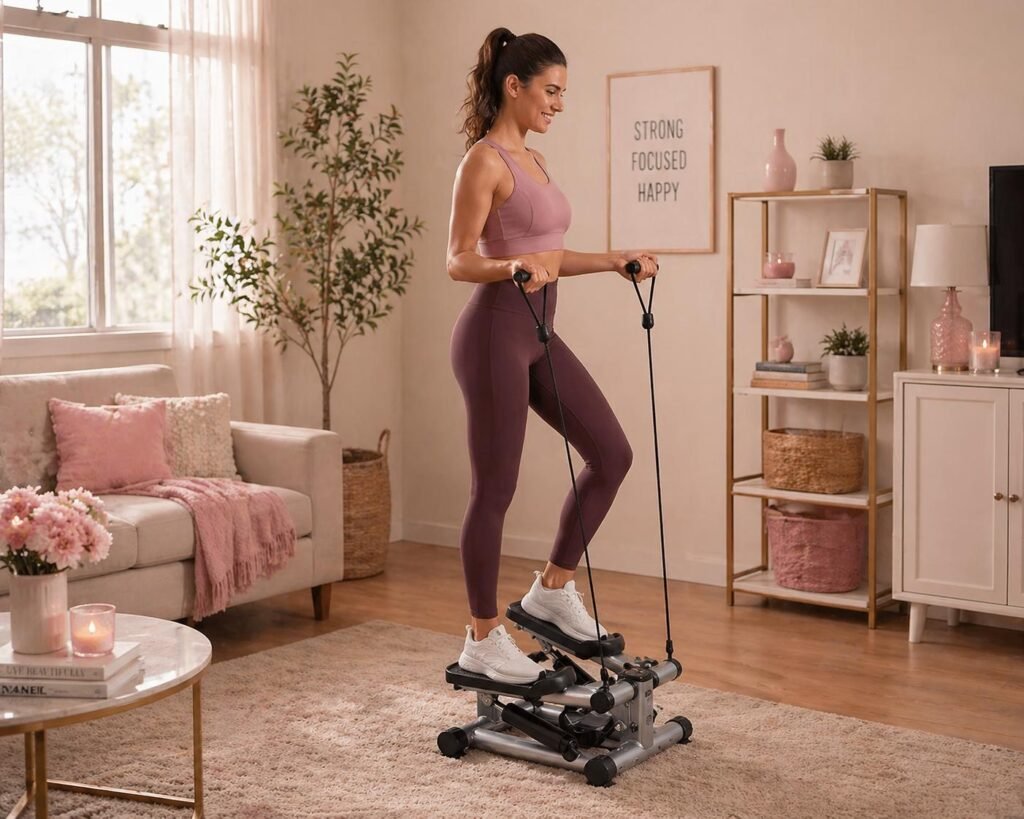 woman using a compact cardio stairclimber machine in a feminine living room
