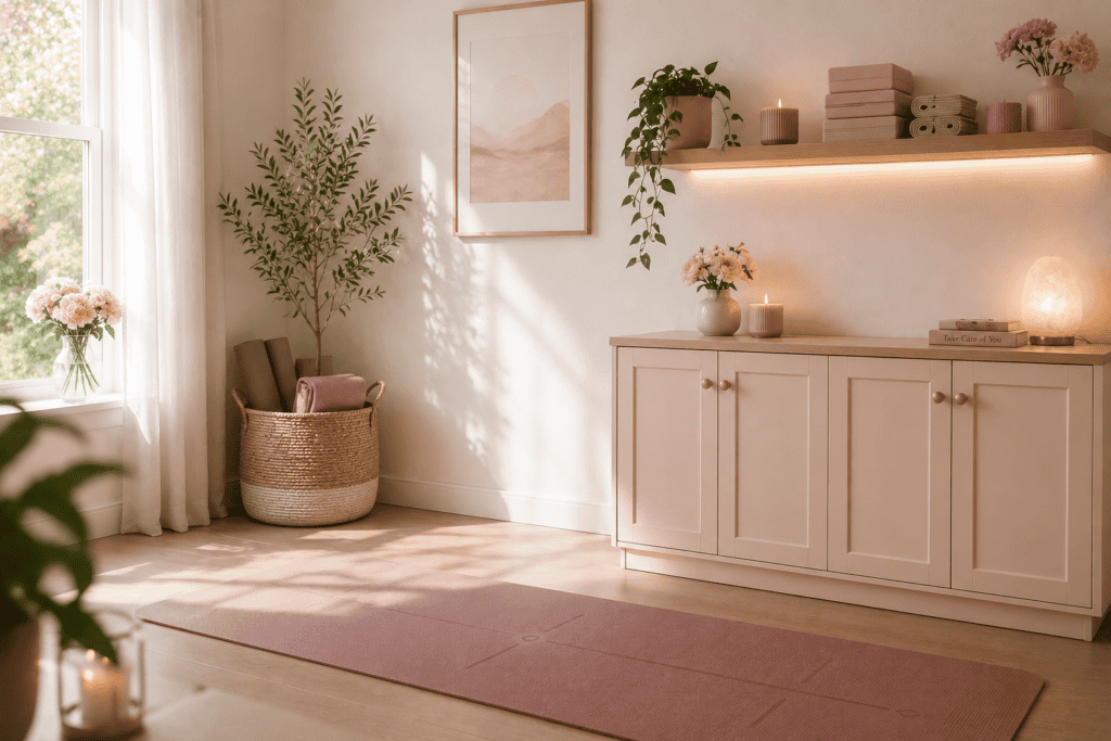 Relaxing yoga or meditation space with soft lighting and calming decor for wellness and mindfulness.