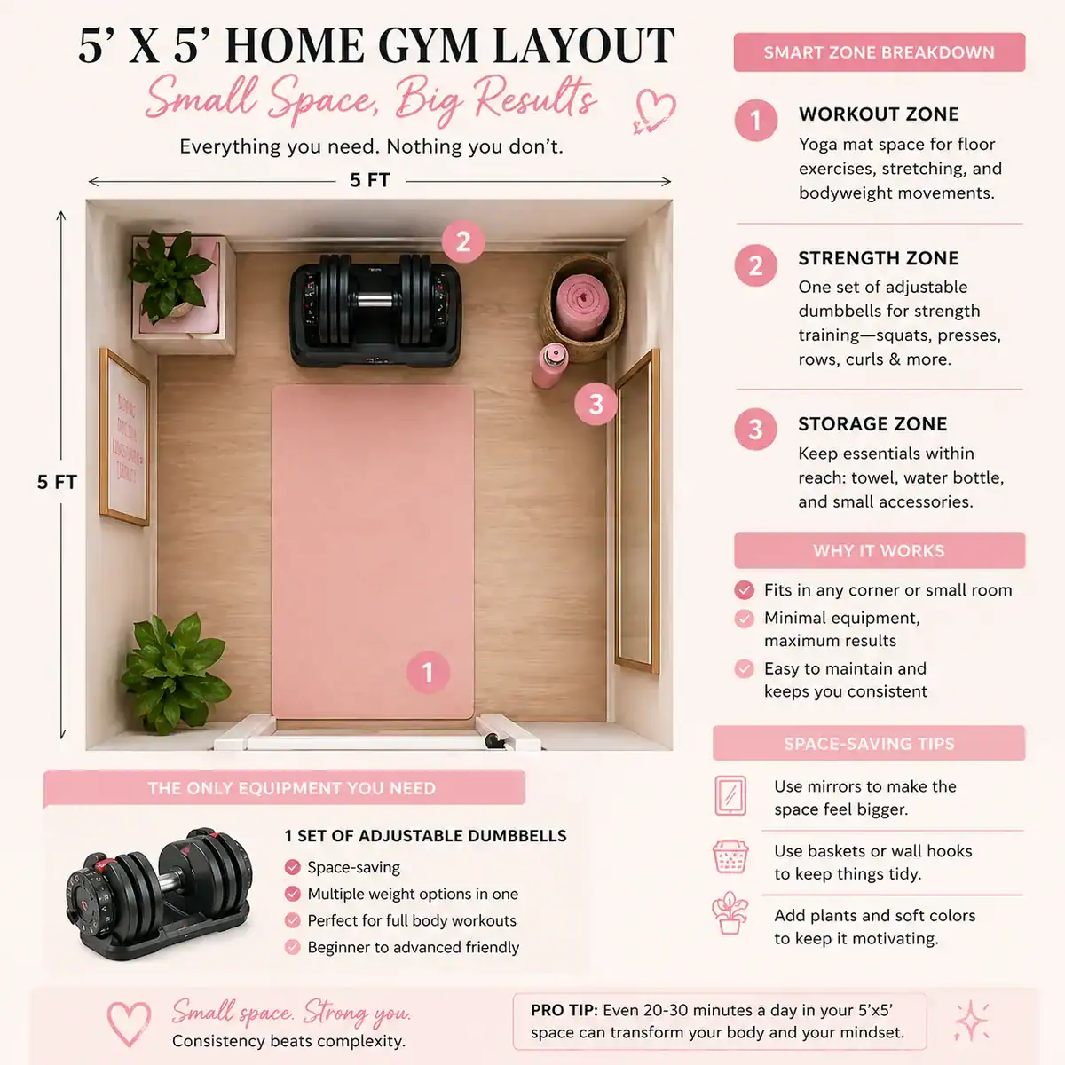 5 by 5 foot small home gym layout with adjustable dumbbells, yoga mat, and storage zone