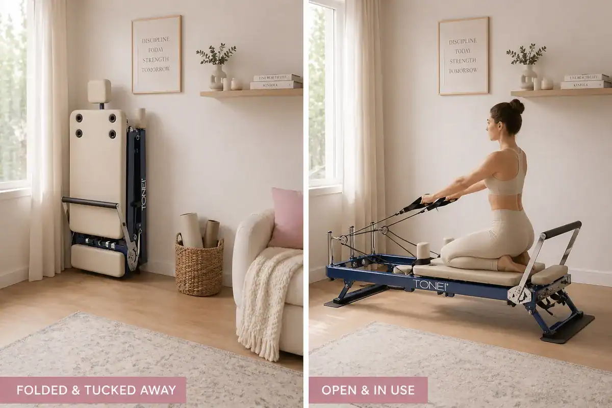 AeroPilates foldable reformer shown folded and tucked away beside the open in-use position