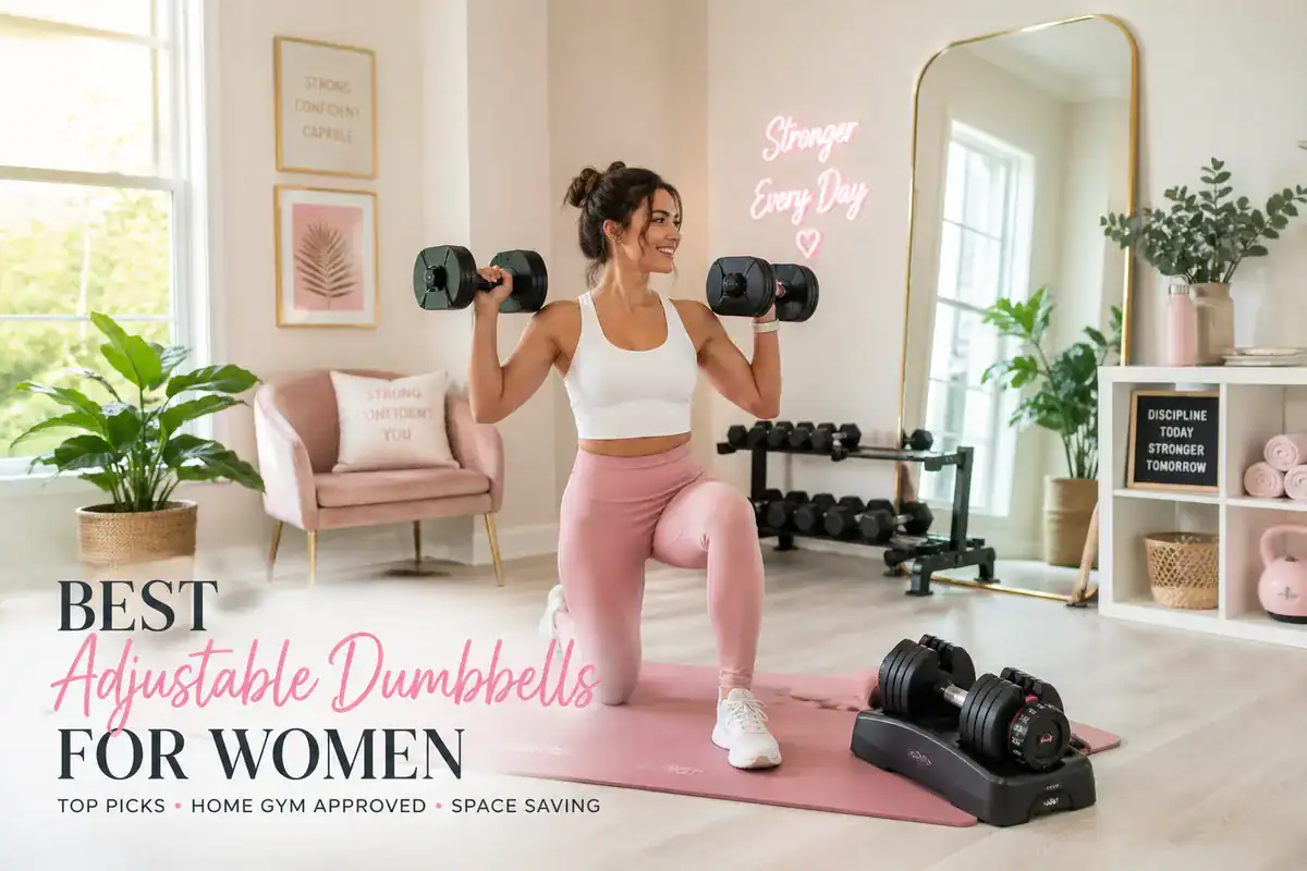 Pink home gym scene with woman lunging while holding the best adjustable dumbbells for women