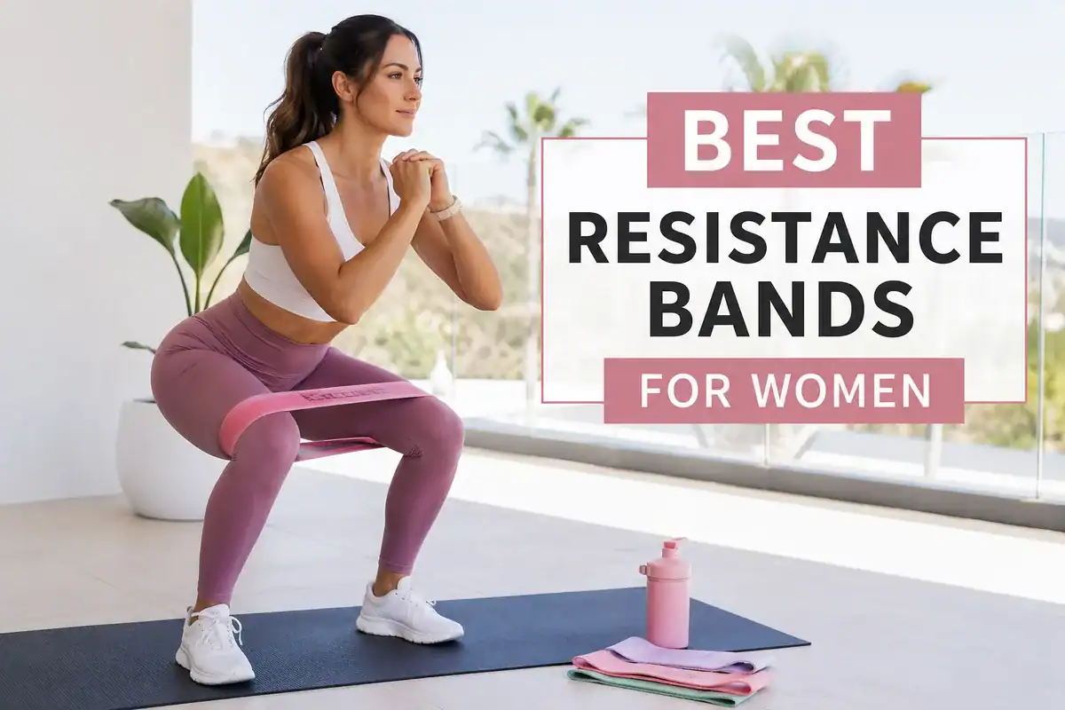Best resistance bands for women hero banner with woman doing a squat with a mini band in a bright indoor home gym