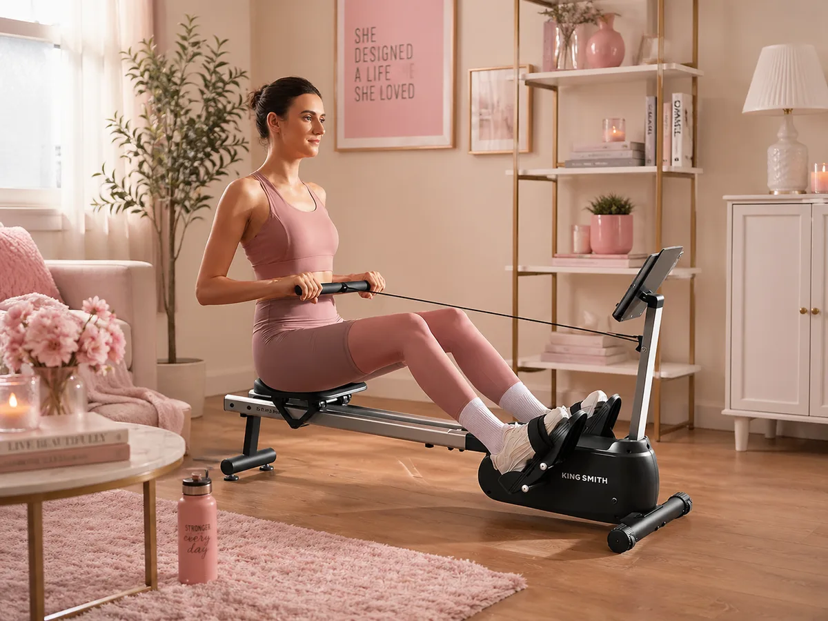 Compact foldable rowing machine for small home gyms in a pink-accent living room apartment