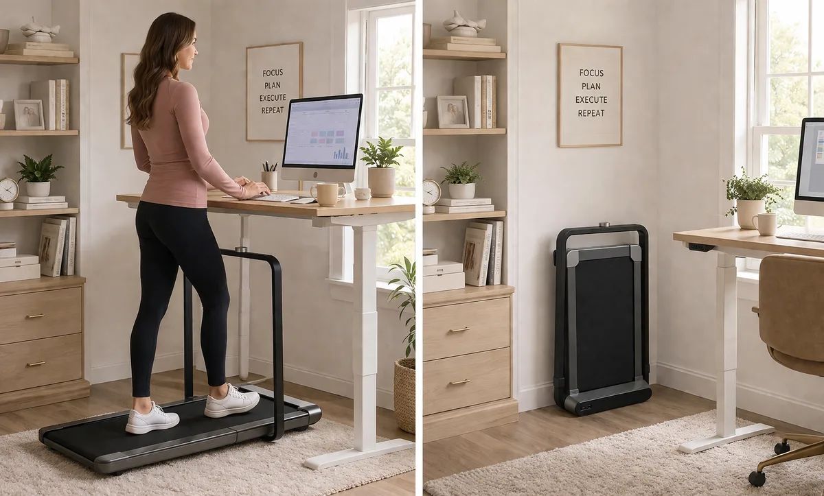 Foldable walking pad treadmill compact cardio machine shown in use under a standing desk and folded for storage in a home office
