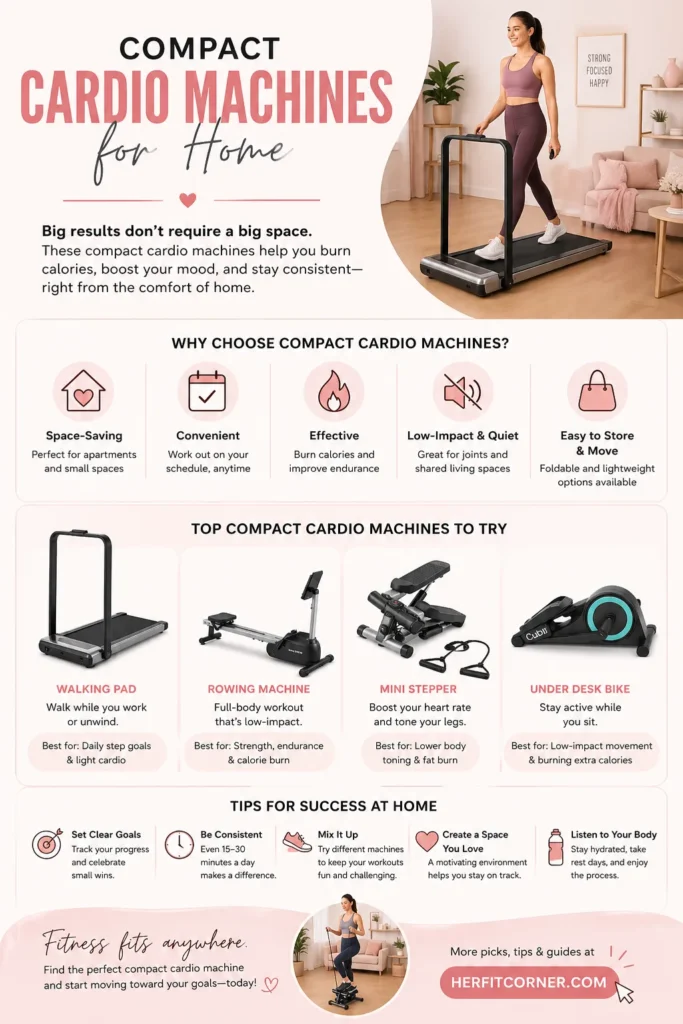 Compact cardio machines for small home gyms infographic with walking pad, rowing machine, mini stepper, and under-desk bike