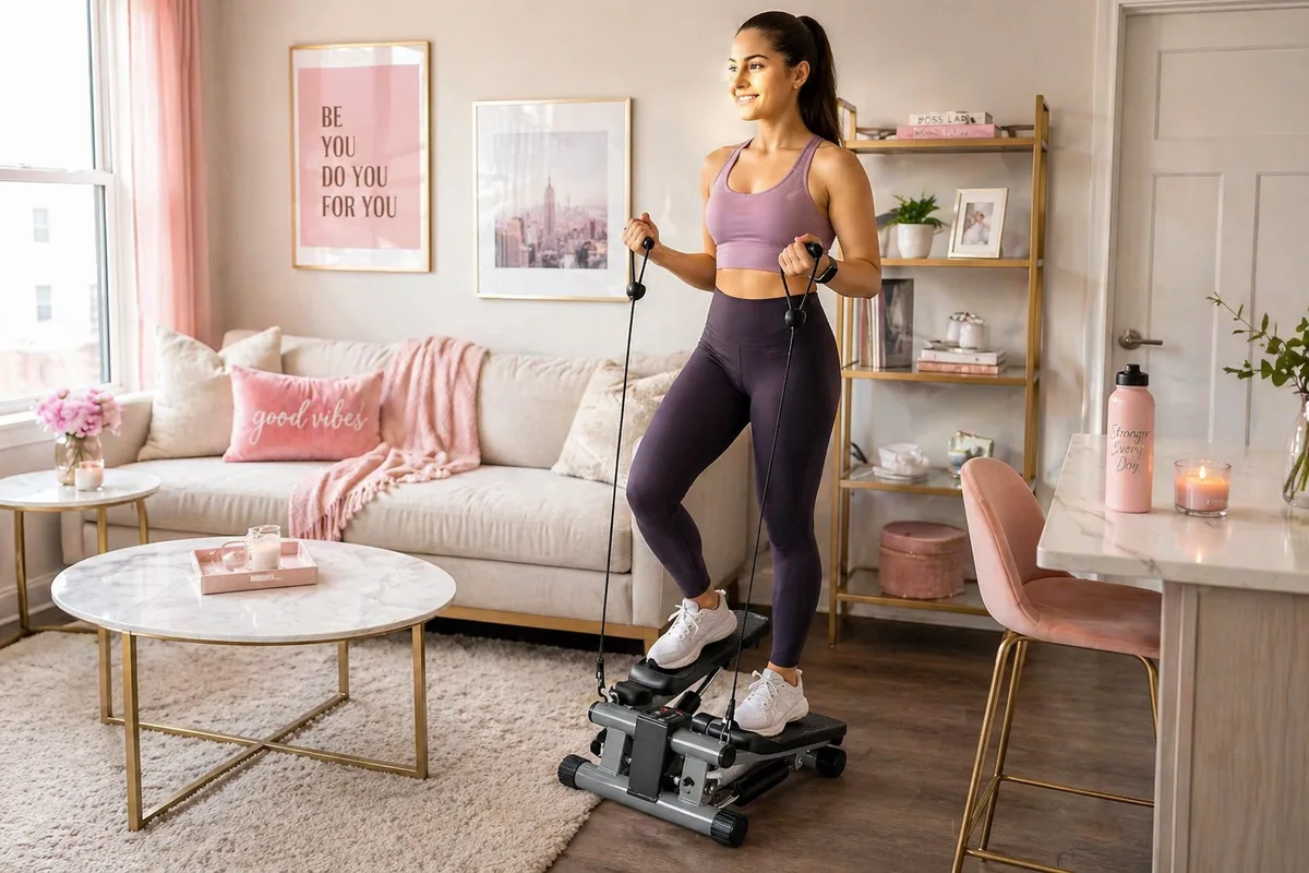 Woman using a compact cardio mini stepper with resistance bands in a small living room home gym