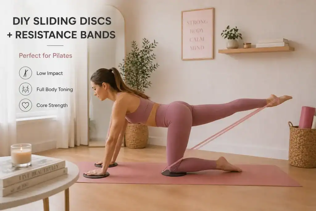 Folding pilates barre freestanding in use beside the same barre folded and stored against a wall