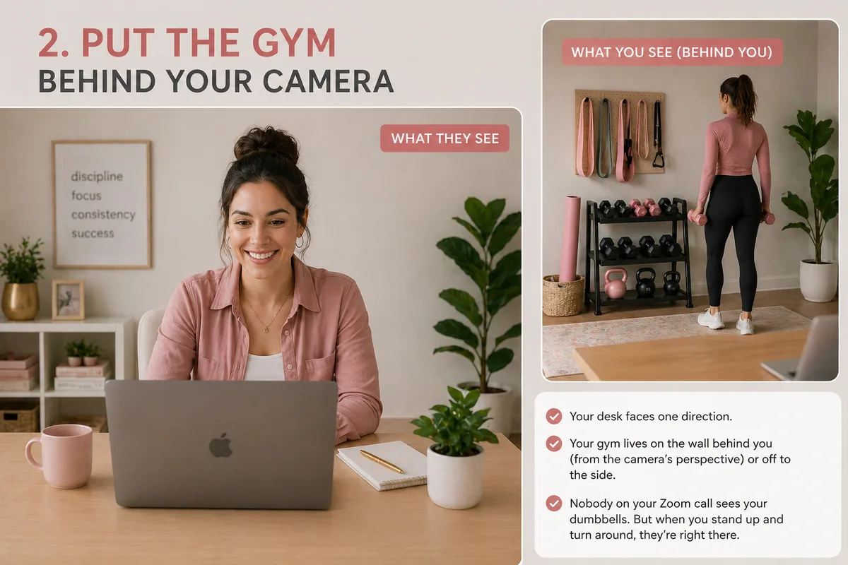 Home office gym combo split-panel showing what shows on a video call versus the gym equipment behind the camera