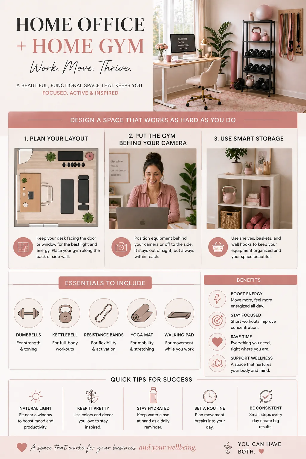 Home office plus home gym complete setup infographic with layout, essentials, benefits, and quick tips