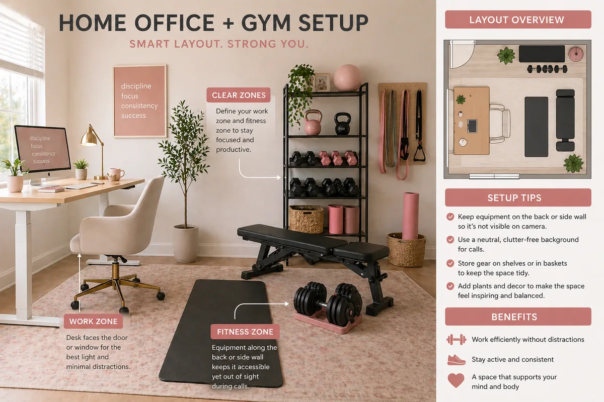 Home office and gym setup layout overview infographic with work zone and fitness zone in one room