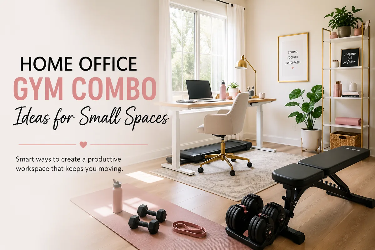 Home office gym combo for small spaces with standing desk, under-desk treadmill, dumbbells, and foldable bench