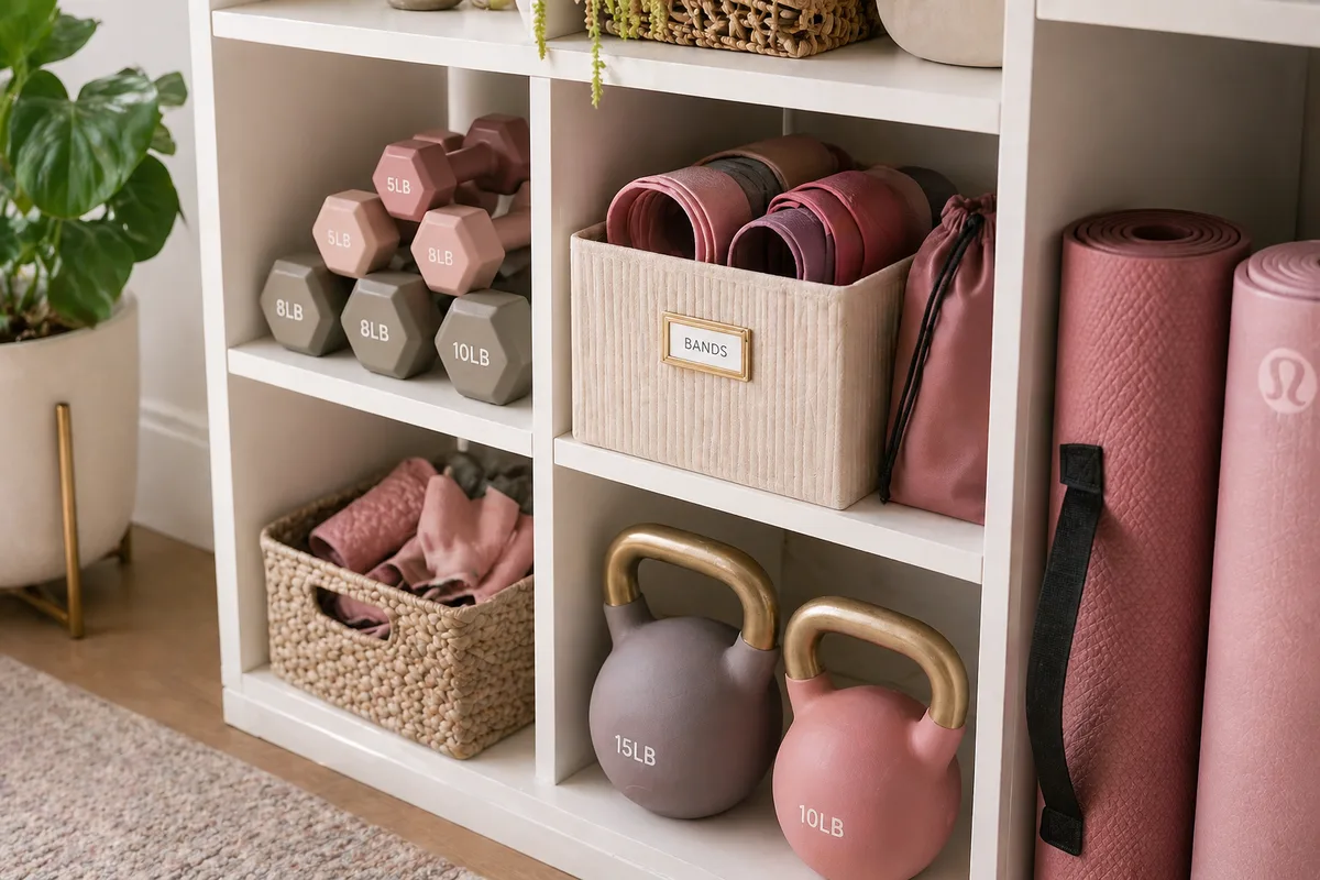 Home office gym equipment storage shelf with dumbbells, kettlebells, resistance bands, and yoga mats