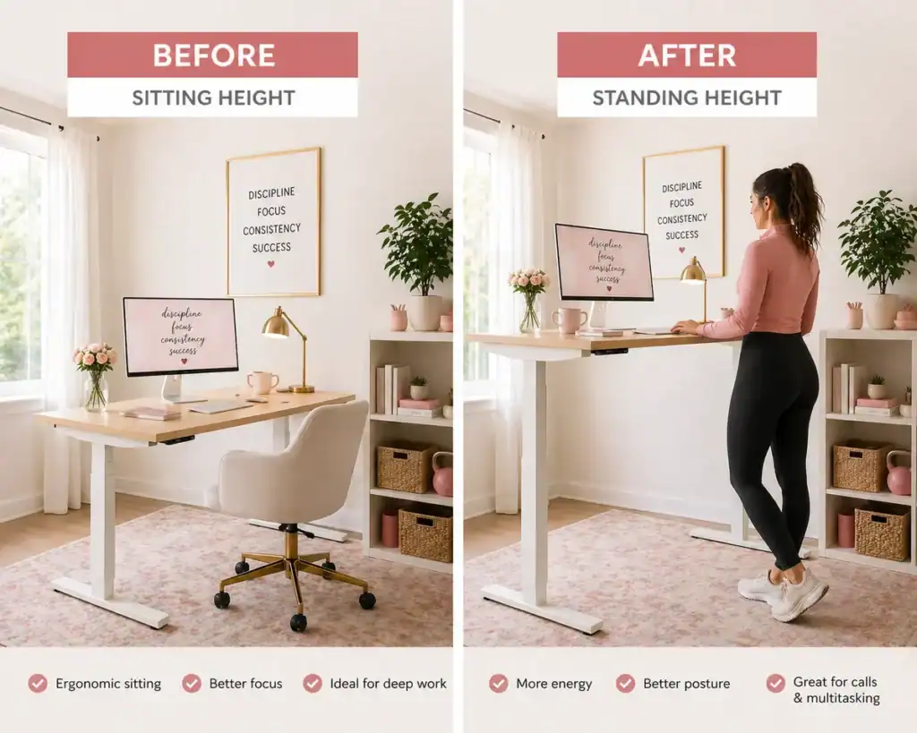 Convertible standing desk before and after comparison from sitting height to standing height in a home office