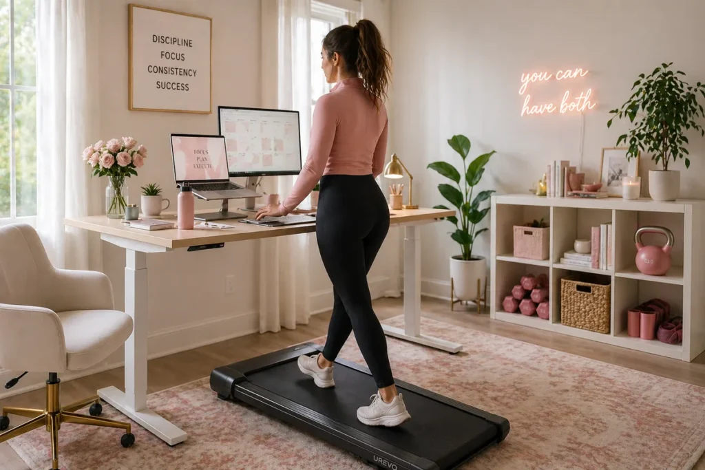 Woman using an under-desk treadmill at a standing desk in a home office gym combo
