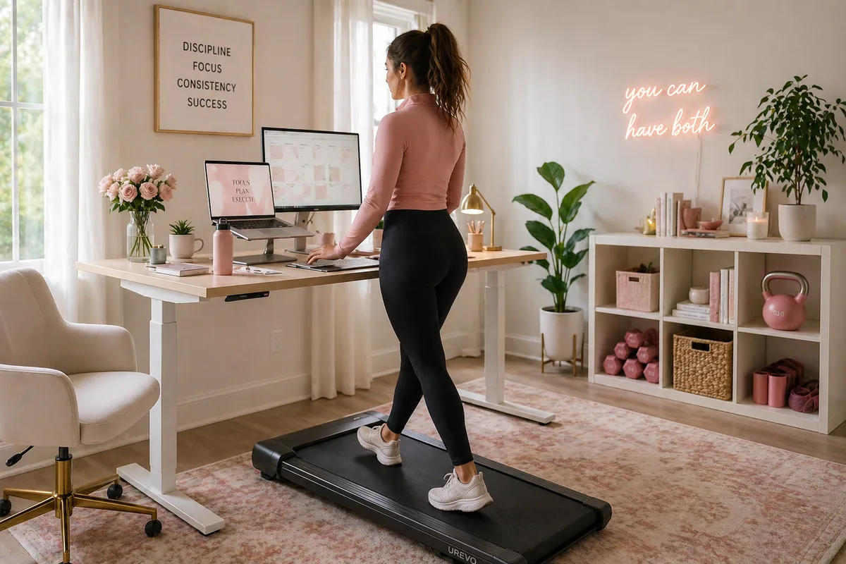 Woman using an under-desk treadmill at a standing desk in a home office gym combo