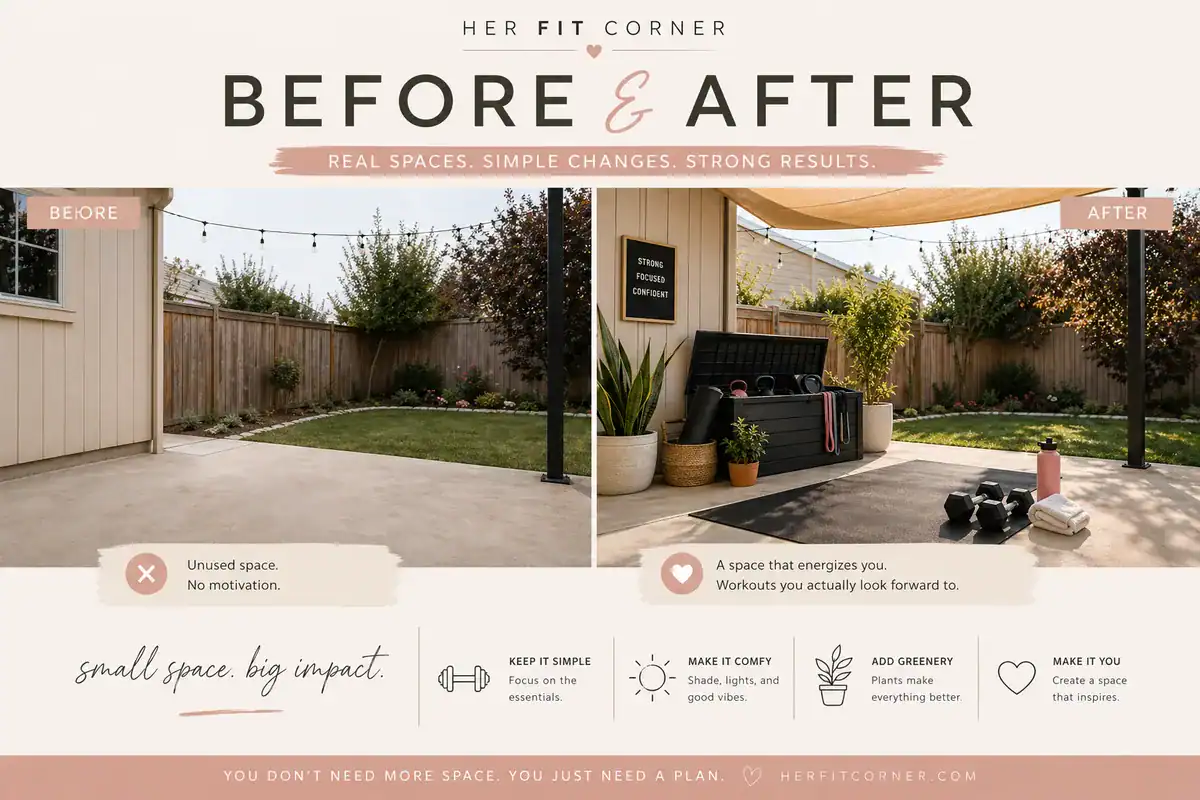 Outdoor home gym backyard before and after transformation showing an unused patio turned into a functional outdoor workout space