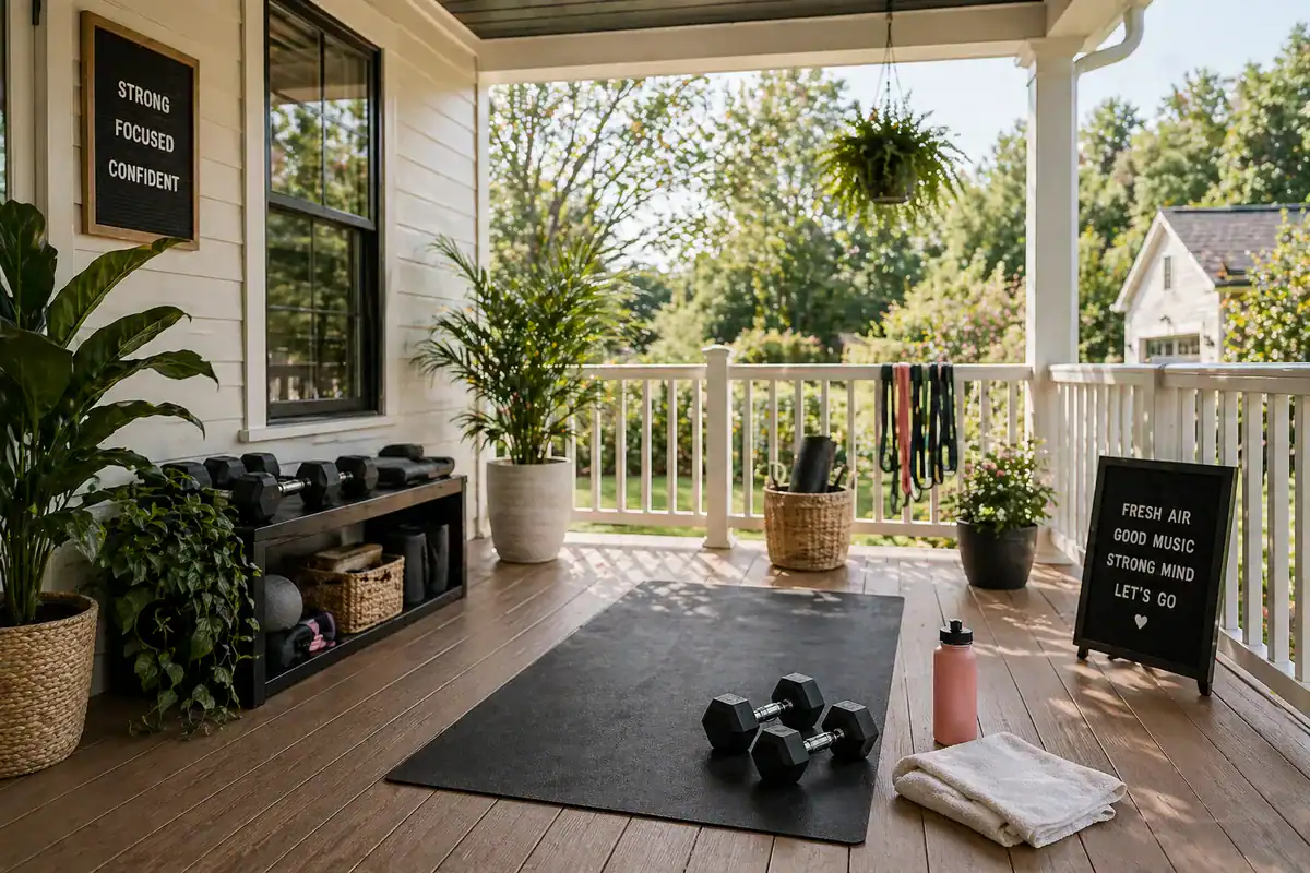 Outdoor home gym deck and porch workout space with dumbbells, plants, and water bottle