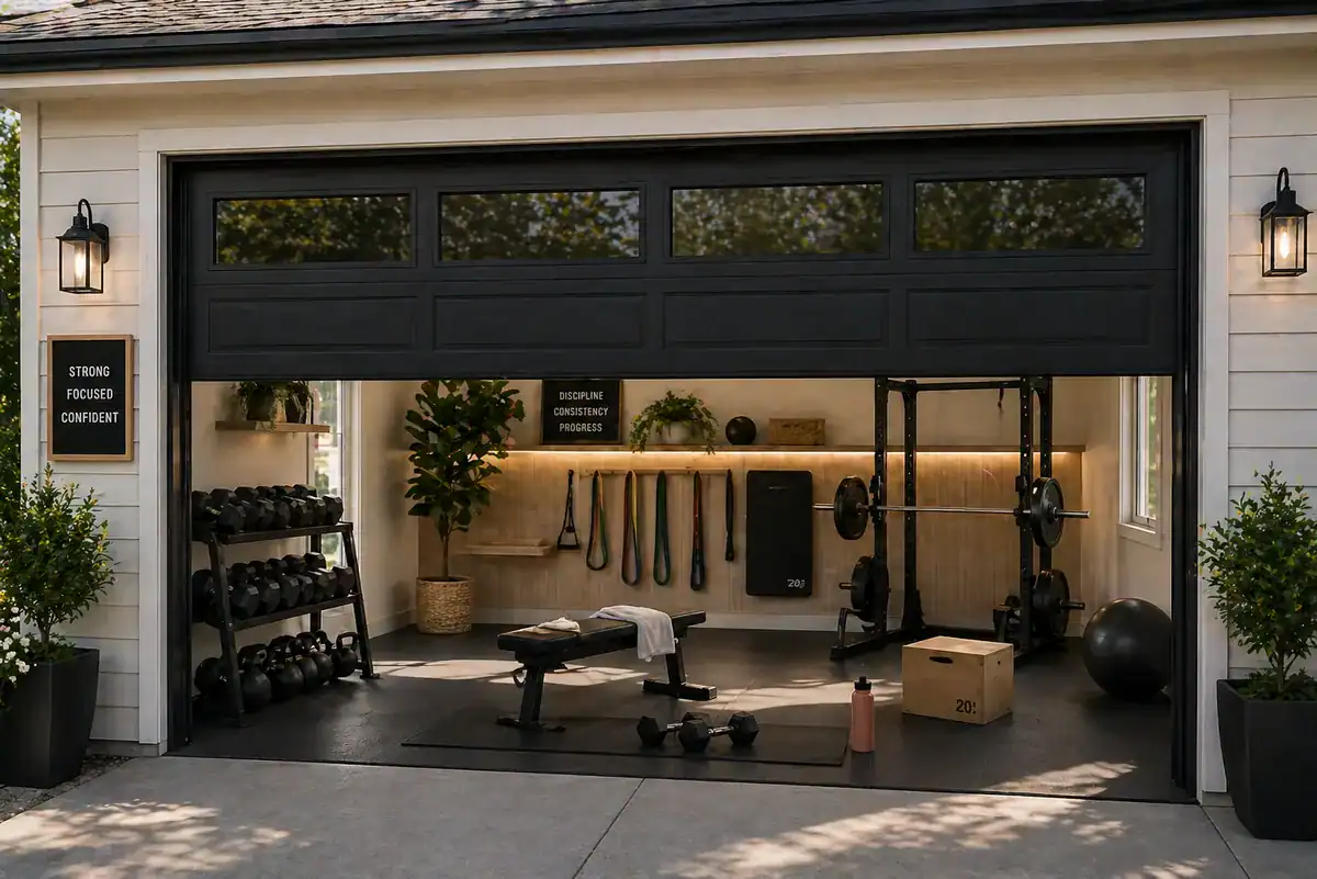 Outdoor home gym garage door hybrid setup with squat rack, kettlebells, bench, and bumper plates with the door open to the driveway