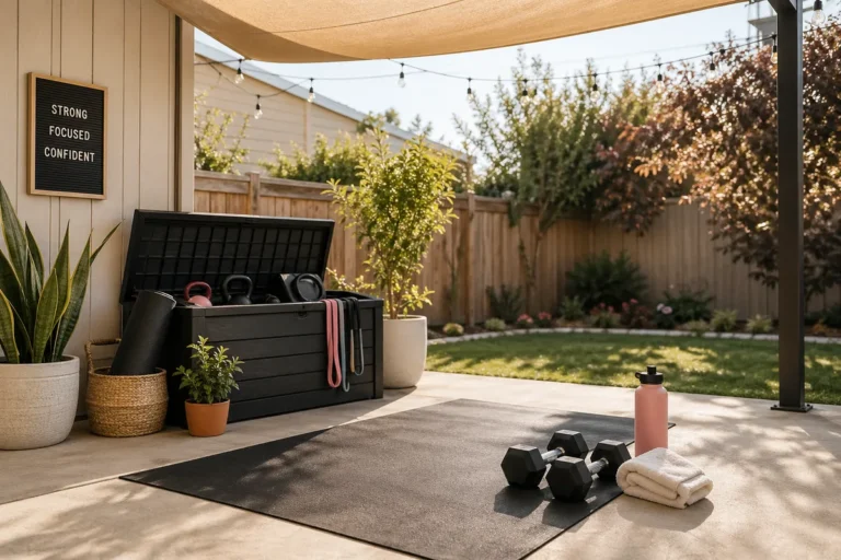 Outdoor home gym patio mat station with deck box storage, dumbbells, mat, and shade sail in a backyard