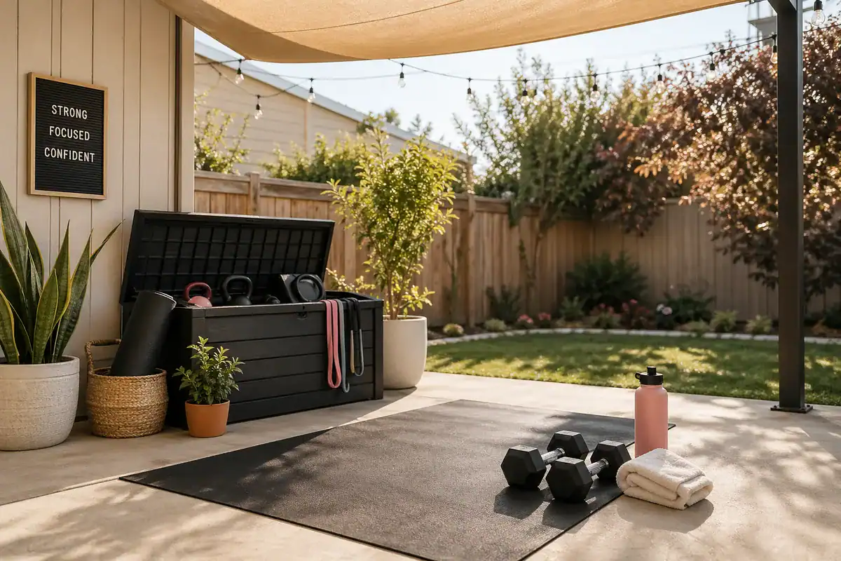 Outdoor home gym patio mat station with deck box storage, dumbbells, mat, and shade sail in a backyard