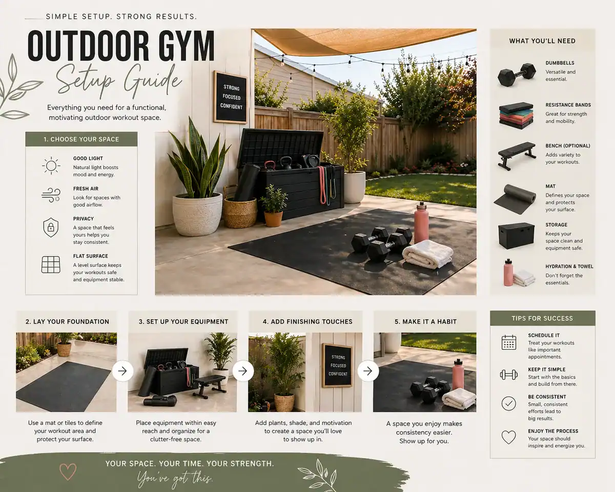 Outdoor home gym setup guide infographic with the 6-item equipment list, cost breakdown, and 5-step setup process for a backyard workout space