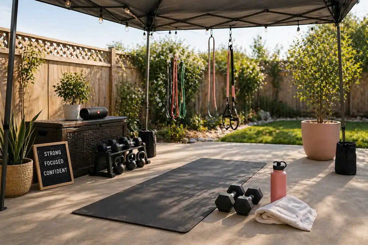 Outdoor home gym shade canopy setup with kettlebells, resistance bands, and yoga mat in a backyard