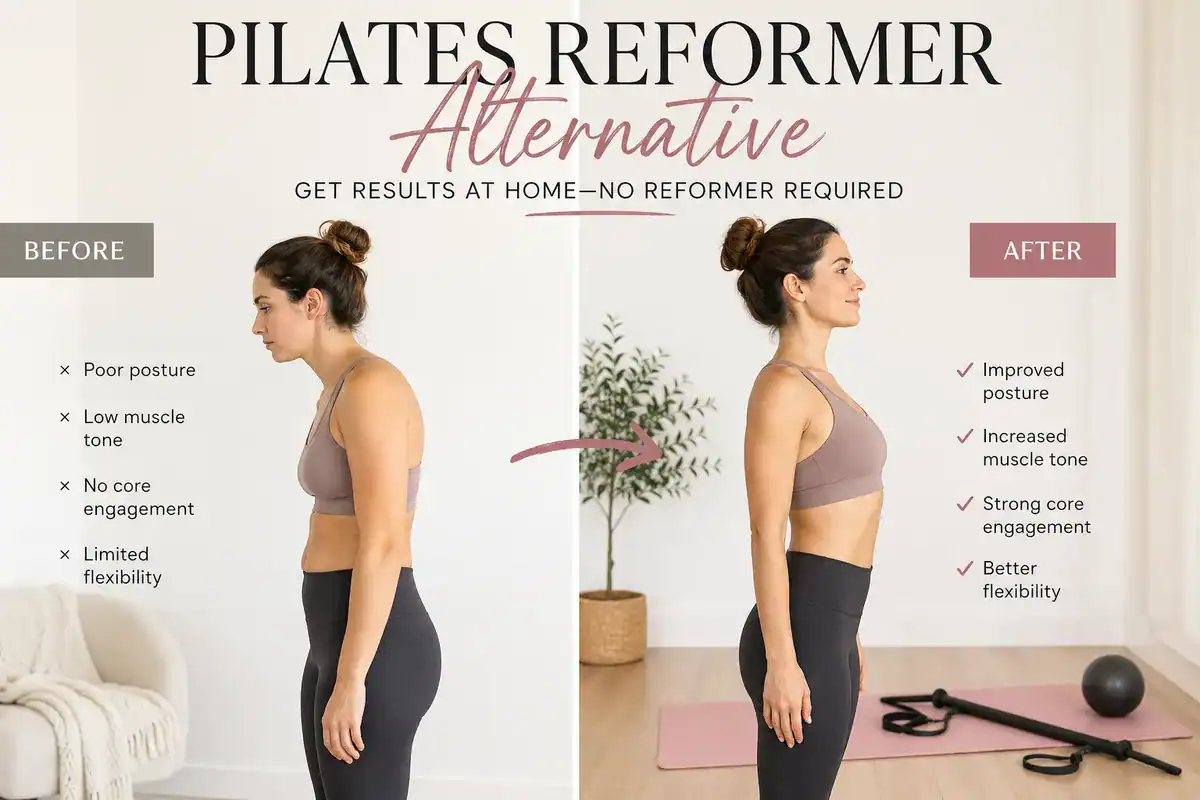 Pilates reformer alternative before and after showing improved posture, core engagement, and flexibility