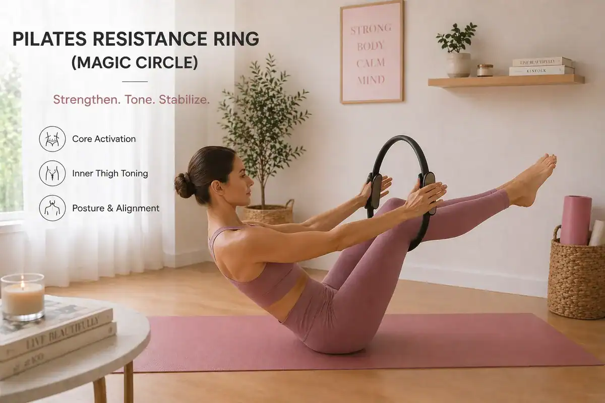 Pilates resistance ring magic circle being used between knees during a core exercise on a yoga mat