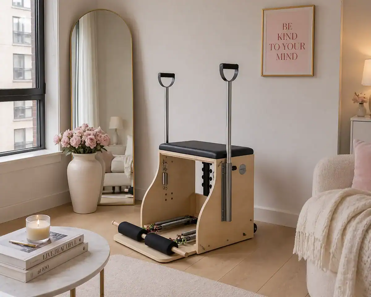 Wood pilates Wunda chair as a reformer alternative in a small home living room setup