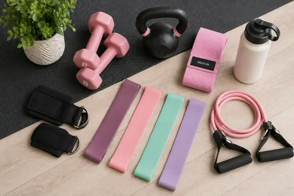Flat lay of all five types of resistance bands for women with loop bands, fabric bands, tube bands with handles, long pull-up band, and figure-8 band on a yoga mat