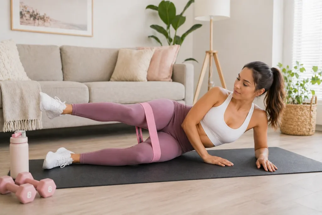 Woman doing a side-lying glute exercise with a fabric resistance band for women on a yoga mat in a bright living room