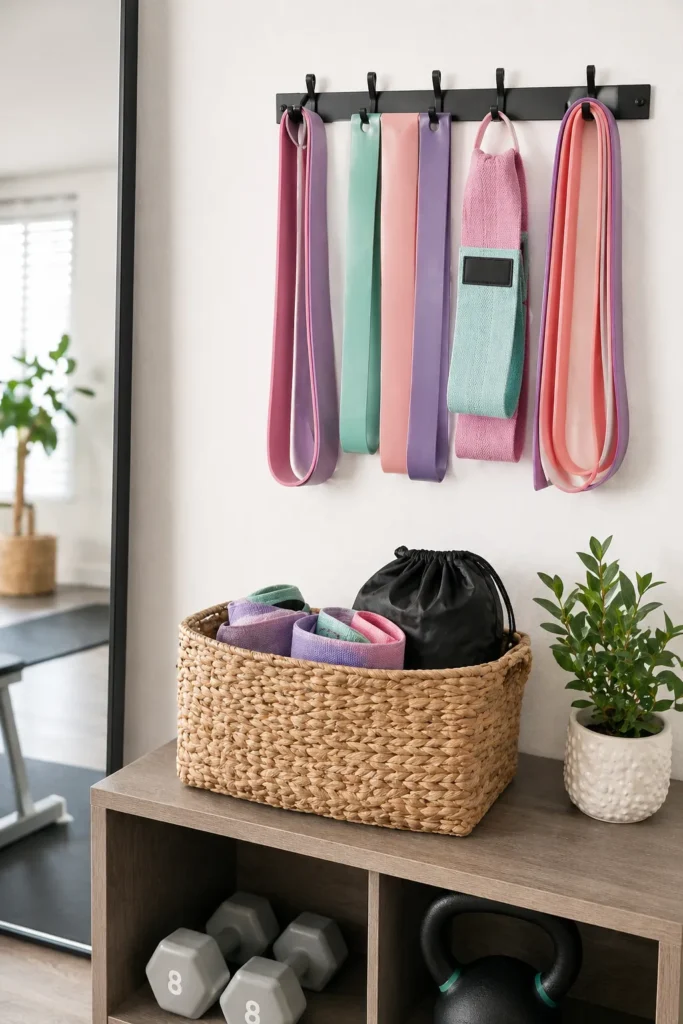Resistance bands for women storage with a wall rack of long bands above a wicker basket of fabric bands and a small shelf of dumbbells