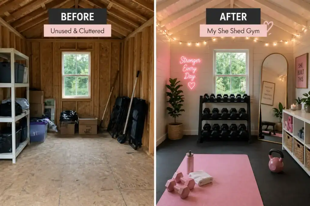 She shed gym before and after: cluttered storage shed transformed into a pink workout studio