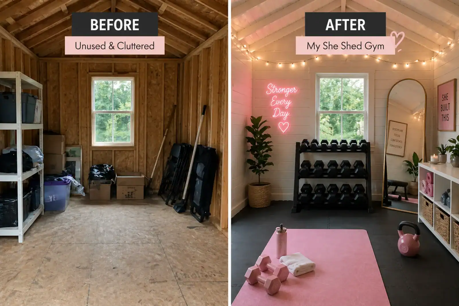 She shed gym before and after: cluttered storage shed transformed into a pink workout studio