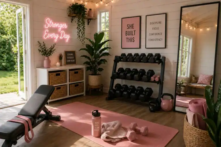 She shed gym with bright airy interior, dumbbell rack, open garden door, and pink decor