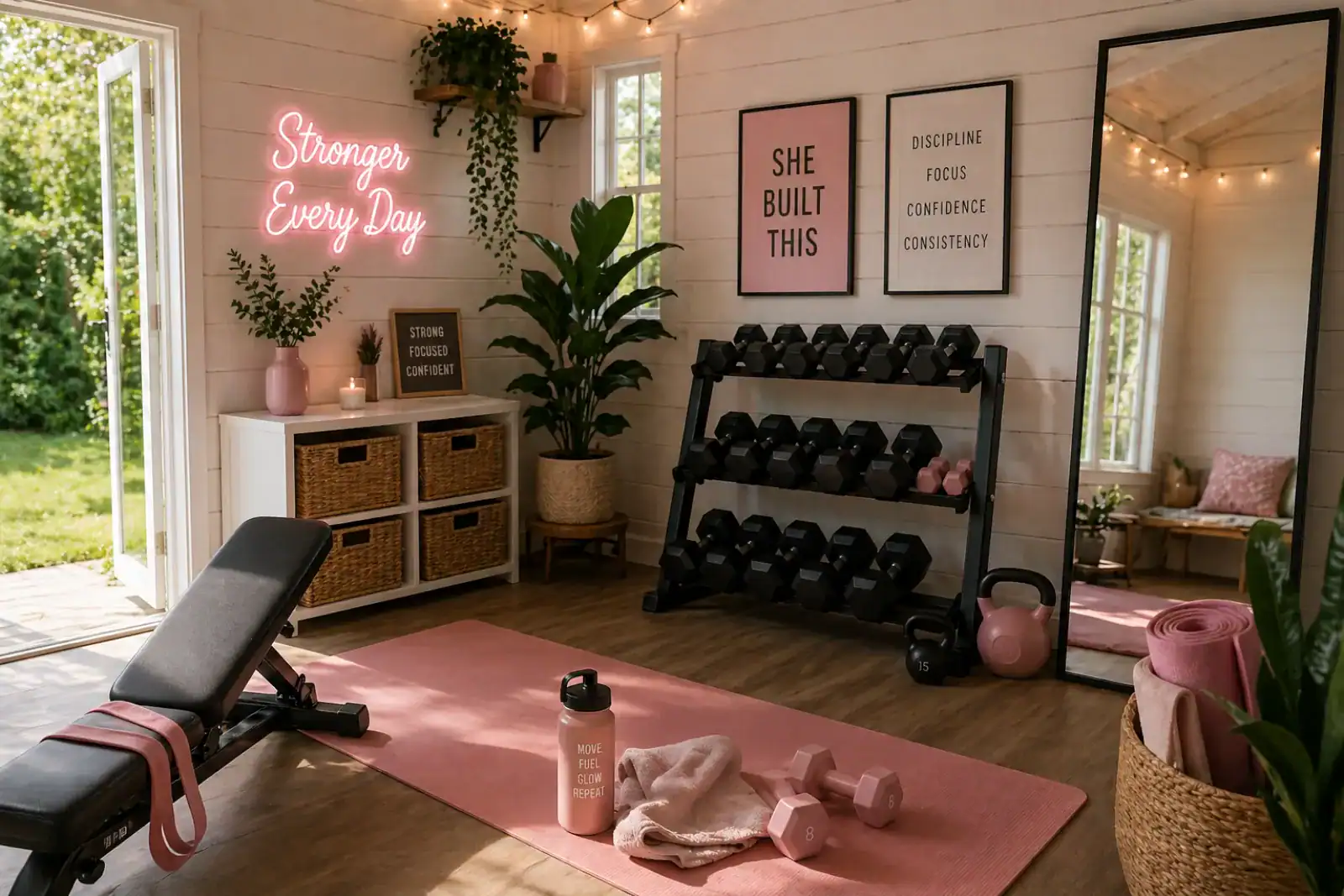 She shed gym with bright airy interior, dumbbell rack, open garden door, and pink decor